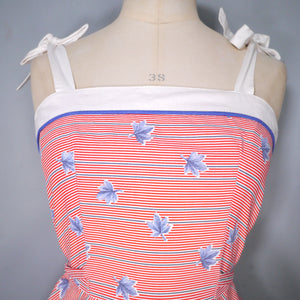 70s does 50s RED AND BLUE LEAF PRINT SUN DRESS WITH TIE STRAPS - XS