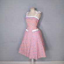 Load image into Gallery viewer, 70s does 50s RED AND BLUE LEAF PRINT SUN DRESS WITH TIE STRAPS - XS