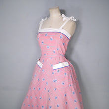 Load image into Gallery viewer, 70s does 50s RED AND BLUE LEAF PRINT SUN DRESS WITH TIE STRAPS - XS