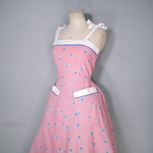 70s does 50s RED AND BLUE LEAF PRINT SUN DRESS WITH TIE STRAPS - XS