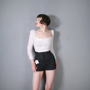 60s / 70s HIGH WAISTED BLACK MINI SHORTS WITH FLORAL PATCH POCKET - 26"