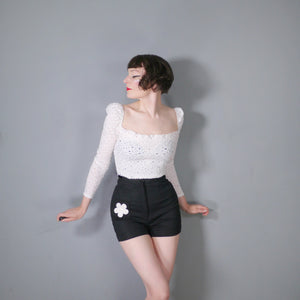 60s / 70s HIGH WAISTED BLACK MINI SHORTS WITH FLORAL PATCH POCKET - 26"