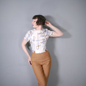 50s CROPPED NOVELY SWORD / RAPIER PRINT TOP / BLOUSE - M