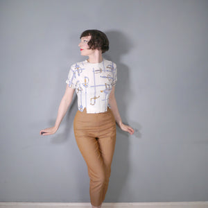 50s CROPPED NOVELY SWORD / RAPIER PRINT TOP / BLOUSE - M