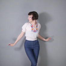 Load image into Gallery viewer, 60s 70s WHITE CREPE HUNGARIAN FOLK SMOCK BLOUSE WITH EMBROIDERY - XS