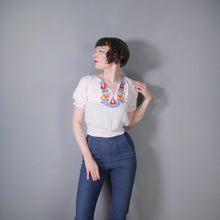 Load image into Gallery viewer, 60s 70s WHITE CREPE HUNGARIAN FOLK SMOCK BLOUSE WITH EMBROIDERY - XS