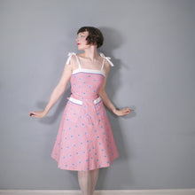 Load image into Gallery viewer, 70s does 50s RED AND BLUE LEAF PRINT SUN DRESS WITH TIE STRAPS - XS