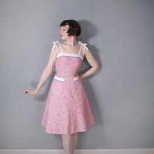 Load image into Gallery viewer, 70s does 50s RED AND BLUE LEAF PRINT SUN DRESS WITH TIE STRAPS - XS