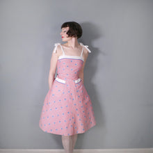 Load image into Gallery viewer, 70s does 50s RED AND BLUE LEAF PRINT SUN DRESS WITH TIE STRAPS - XS