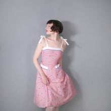 Load image into Gallery viewer, 70s does 50s RED AND BLUE LEAF PRINT SUN DRESS WITH TIE STRAPS - XS