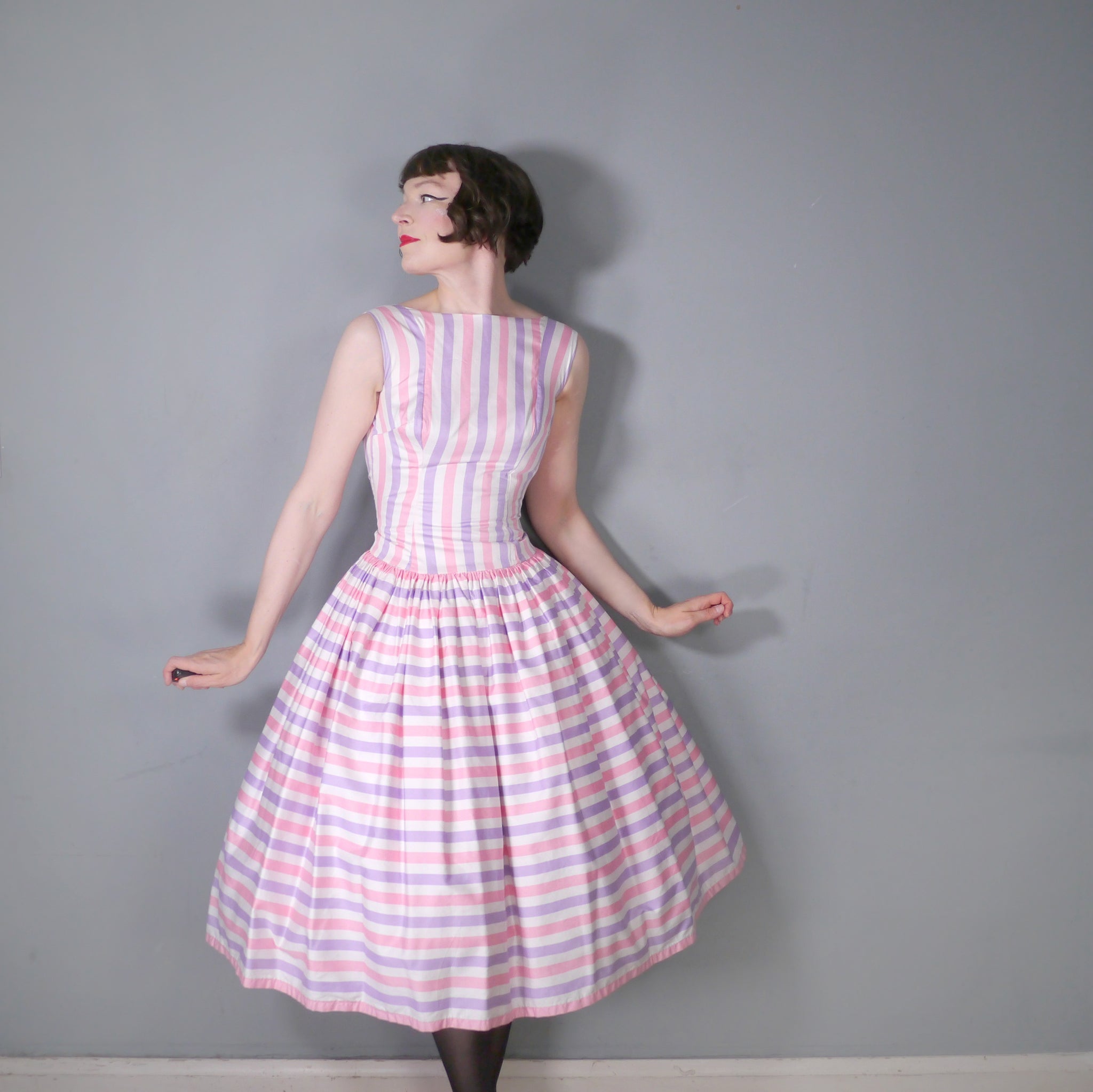 50s DROPWAISTED PASTEL PINK AND PURPLE CANDY STRIPE COTTON DRESS - XS Sartorial Matters 50s DROPWAISTED PASTEL PINK AND PURPLE CANDY STRIPE COTTON DRESS - XS Sartorial Matters