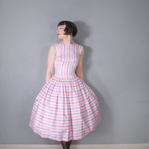 50s DROPWAISTED PASTEL PINK AND PURPLE CANDY STRIPE COTTON DRESS - XS