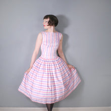 Load image into Gallery viewer, 50s DROPWAISTED PASTEL PINK AND PURPLE CANDY STRIPE COTTON DRESS - XS