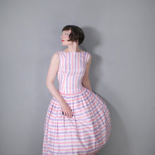 Load image into Gallery viewer, 50s DROPWAISTED PASTEL PINK AND PURPLE CANDY STRIPE COTTON DRESS - XS