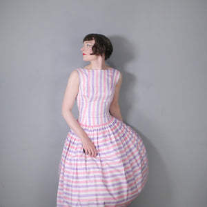 50s DROPWAISTED PASTEL PINK AND PURPLE CANDY STRIPE COTTON DRESS - XS