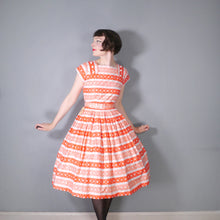 Load image into Gallery viewer, 50s DEADSTOCK ORANGE PRINT FULL SKIRTED COTTON DRESS BY KATHWYN - S