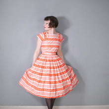 Load image into Gallery viewer, 50s DEADSTOCK ORANGE PRINT FULL SKIRTED COTTON DRESS BY KATHWYN - S