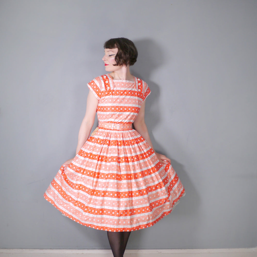 50s DEADSTOCK ORANGE PRINT FULL SKIRTED COTTON DRESS BY KATHWYN - S