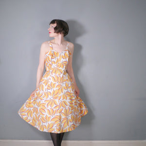 40s 50s YELLOW LEAF PRINT FIT AND FLARE DRESS AND BOLERO - L / volup