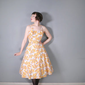 40s 50s YELLOW LEAF PRINT FIT AND FLARE DRESS AND BOLERO - L / volup