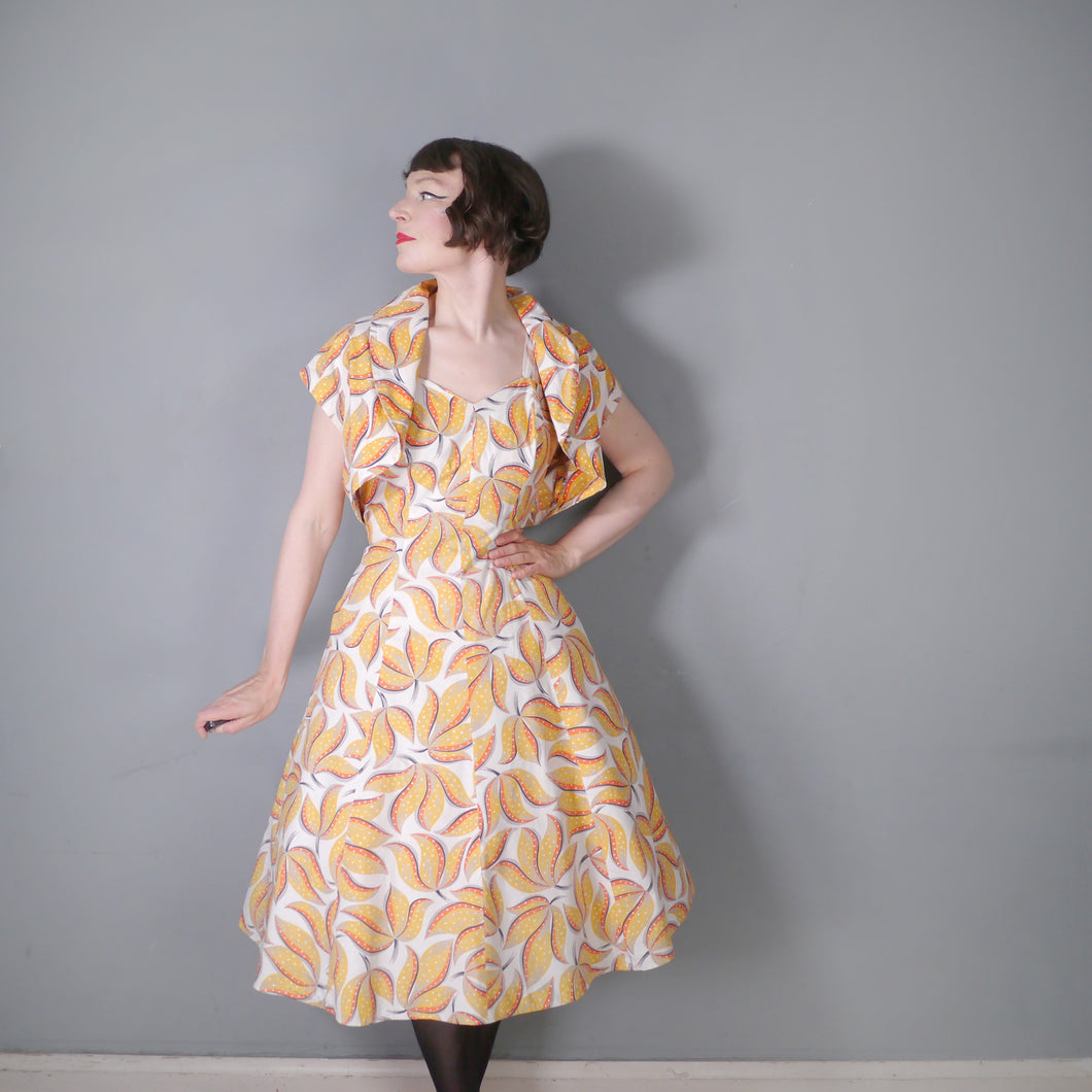 40s 50s YELLOW LEAF PRINT FIT AND FLARE DRESS AND BOLERO 40s 50s YELLOW LEAF PRINT FIT AND FLARE DRESS AND BOLERO