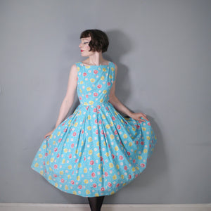 50s TURQUOISE COTTON DAY DRESS WITH BRIGHT YELLOW AND RED PRINT - S Sartorial Matters 50s TURQUOISE COTTON DAY DRESS WITH BRIGHT YELLOW AND RED PRINT - S Sartorial Matters