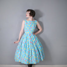 Load image into Gallery viewer, 50s TURQUOISE COTTON DAY DRESS WITH BRIGHT YELLOW AND RED PRINT - S