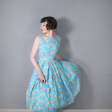 Load image into Gallery viewer, 50s TURQUOISE COTTON DAY DRESS WITH BRIGHT YELLOW AND RED PRINT - S