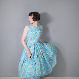 50s TURQUOISE COTTON DAY DRESS WITH BRIGHT YELLOW AND RED PRINT - S