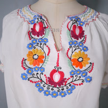 Load image into Gallery viewer, 60s 70s WHITE CREPE HUNGARIAN FOLK SMOCK BLOUSE WITH EMBROIDERY - XS