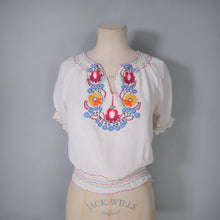 Load image into Gallery viewer, 60s 70s WHITE CREPE HUNGARIAN FOLK SMOCK BLOUSE WITH EMBROIDERY - XS