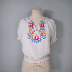 60s 70s WHITE CREPE HUNGARIAN FOLK SMOCK BLOUSE WITH EMBROIDERY - XS