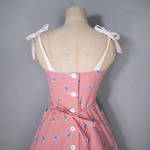 Load image into Gallery viewer, 70s does 50s RED AND BLUE LEAF PRINT SUN DRESS WITH TIE STRAPS - XS