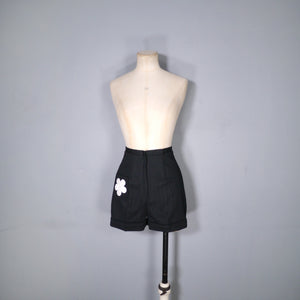 60s / 70s HIGH WAISTED BLACK MINI SHORTS WITH FLORAL PATCH POCKET - 26"