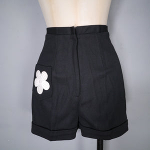 60s / 70s HIGH WAISTED BLACK MINI SHORTS WITH FLORAL PATCH POCKET - 26"