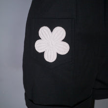 Load image into Gallery viewer, 60s / 70s HIGH WAISTED BLACK MINI SHORTS WITH FLORAL PATCH POCKET - 26&quot;