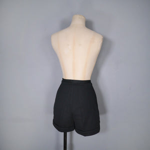 60s / 70s HIGH WAISTED BLACK MINI SHORTS WITH FLORAL PATCH POCKET - 26"