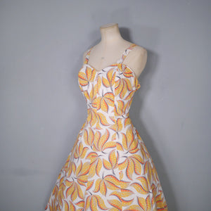 40s 50s YELLOW LEAF PRINT FIT AND FLARE DRESS AND BOLERO - L / volup