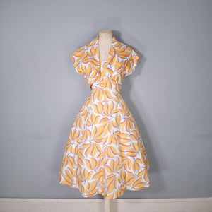 40s 50s YELLOW LEAF PRINT FIT AND FLARE DRESS AND BOLERO - L / volup