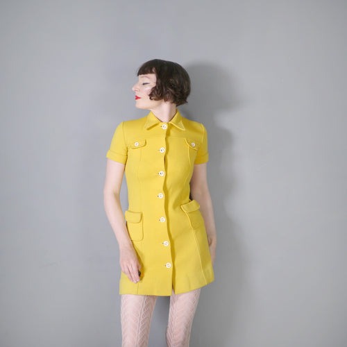 60s YELLOW MOD PONTE KNIT BUTTON THROUGH MINI SHIFT DRESS - XS