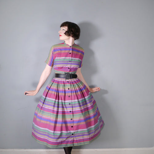 NELLY DON 50s PATTERNED STRIPE BUTTON THROUGH FULL SKIRTED DRESS - S