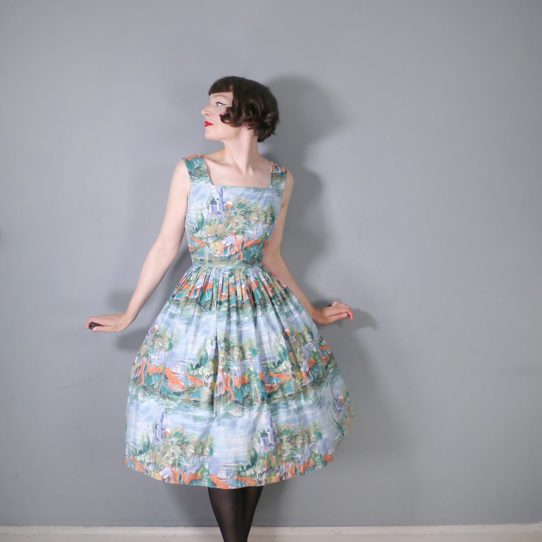 50s SCENIC NOVELTY PRINT DRESS WITH SEASIDE CASTLE LANDSCAPE - S