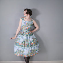 Load image into Gallery viewer, 50s SCENIC NOVELTY PRINT DRESS WITH SEASIDE CASTLE LANDSCAPE - S