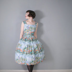 50s SCENIC NOVELTY PRINT DRESS WITH SEASIDE CASTLE LANDSCAPE - S