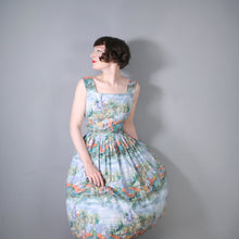 Load image into Gallery viewer, 50s SCENIC NOVELTY PRINT DRESS WITH SEASIDE CASTLE LANDSCAPE - S