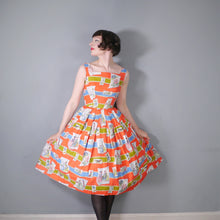 Load image into Gallery viewer, 50s RED NOVELTY BUTTERFLY AND VICTORIAN LADIES PRINT DRESS - XS