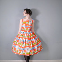 Load image into Gallery viewer, 50s RED NOVELTY BUTTERFLY AND VICTORIAN LADIES PRINT DRESS - XS