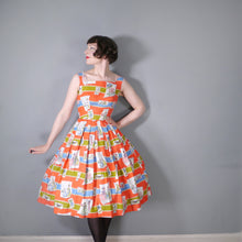 Load image into Gallery viewer, 50s RED NOVELTY BUTTERFLY AND VICTORIAN LADIES PRINT DRESS - XS