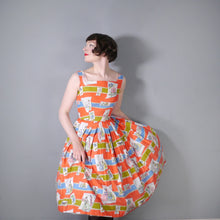 Load image into Gallery viewer, 50s RED NOVELTY BUTTERFLY AND VICTORIAN LADIES PRINT DRESS - XS