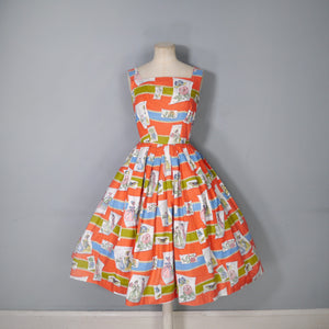 50s RED NOVELTY BUTTERFLY AND VICTORIAN LADIES PRINT DRESS - XS